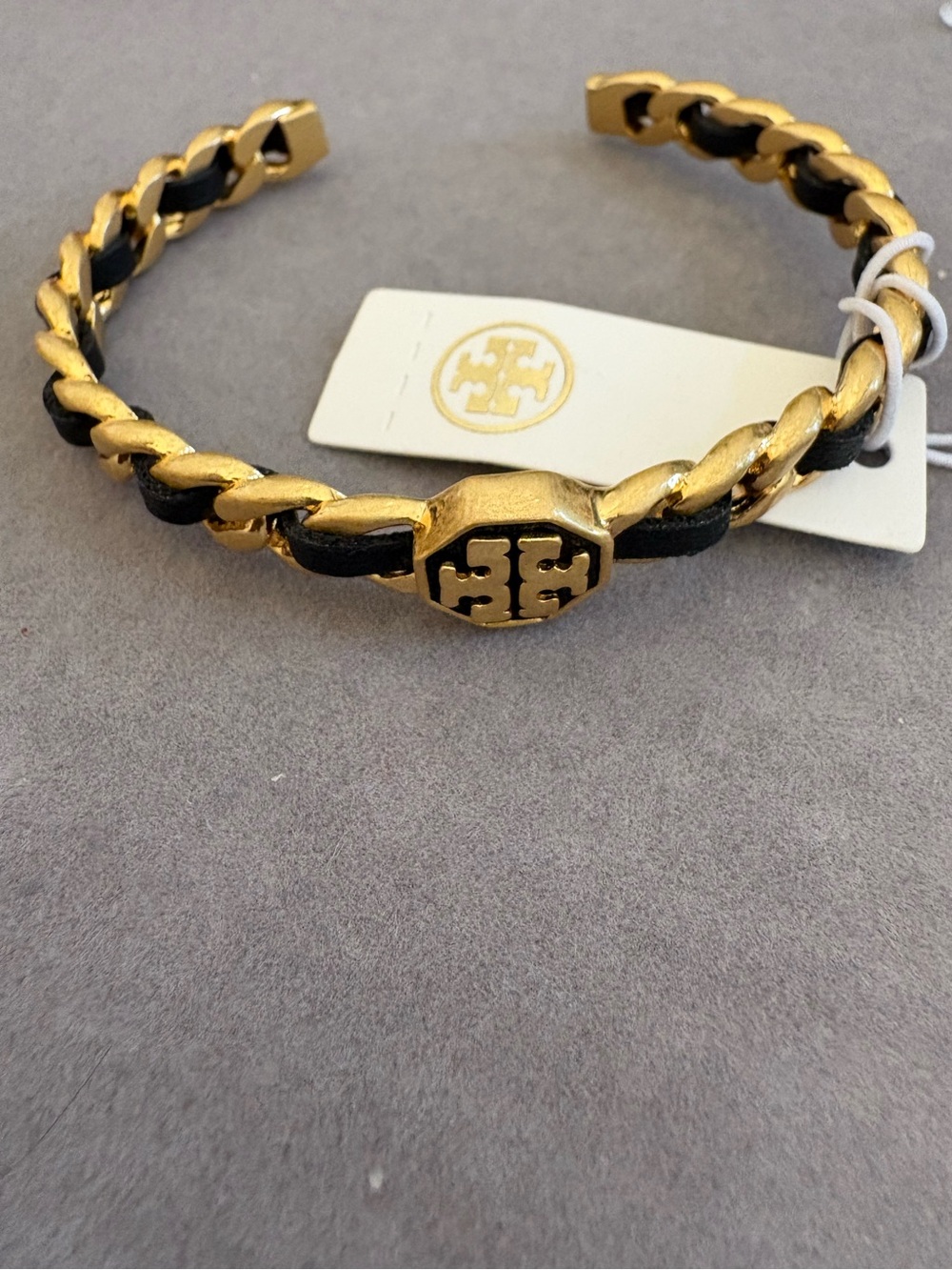 Tory Burch Gold and Black Logo Chain Cuff